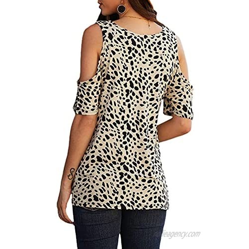 QACOHU Women's Summer Leopard Print Tops Short Sleeve Casual Cold Shoulder Twist Blouses
