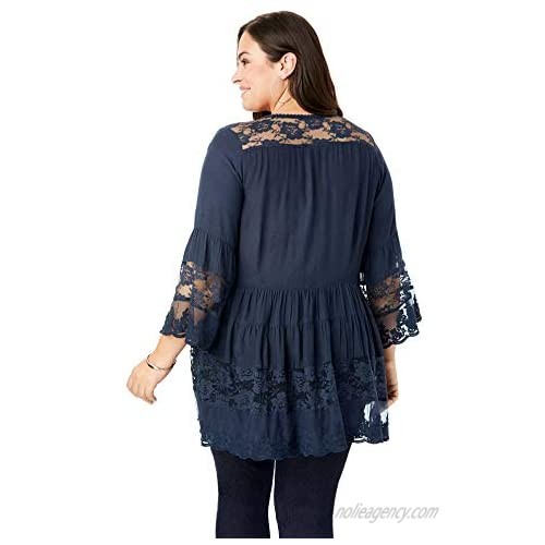 Roaman's Women's Plus Size Illusion Lace Big Shirt Long Shirt Blouse