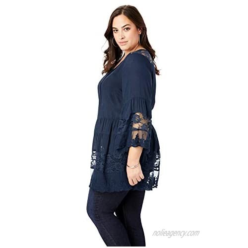 Roaman's Women's Plus Size Illusion Lace Big Shirt Long Shirt Blouse
