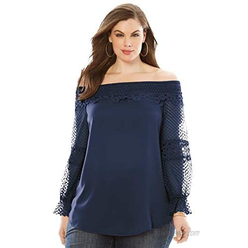 Roaman's Women's Plus Size Lace Off-The-Shoulder Tunic Long Shirt Blouse