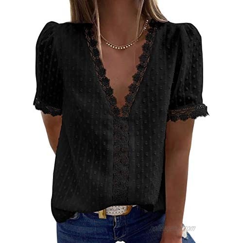 ROSKIKI Womens Lace Crochet Splicing Swiss Dot Tops Deep V-Neck Blouse Casual Shirt Tops