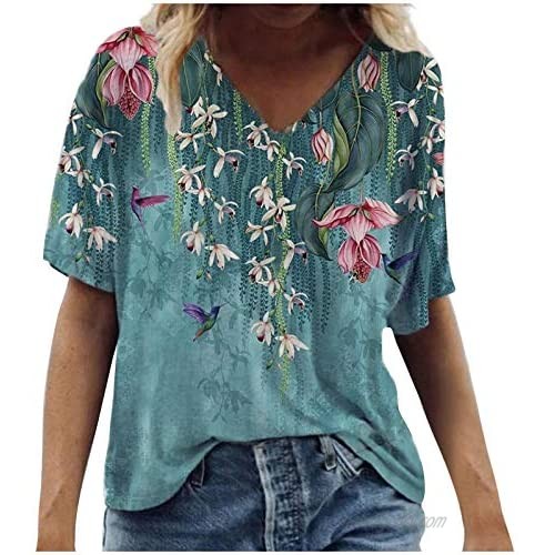 Summer Short Sleeve Tunic Tops for Women V Neck Colorful Floral Printed Tees Shirt Casual Blouses Comfy Tops