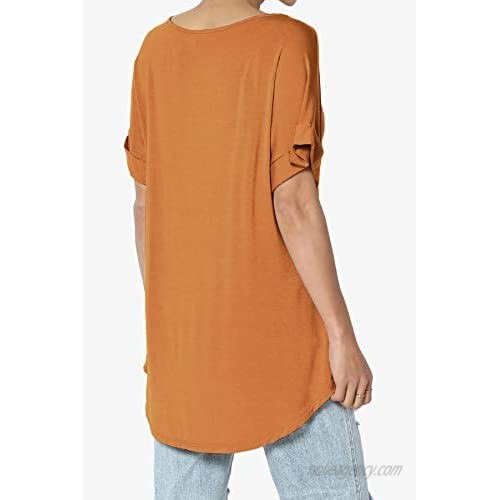 TheMogan S~3X Wide V-Neck Cuffed Short Sleeve Curved Hem Luxe Jersey Top