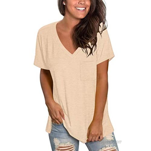 TODOLOR Womens T Shirts Short Sleeve V Neck Loose Summer Tees Basic Tunic Tops with Pocket