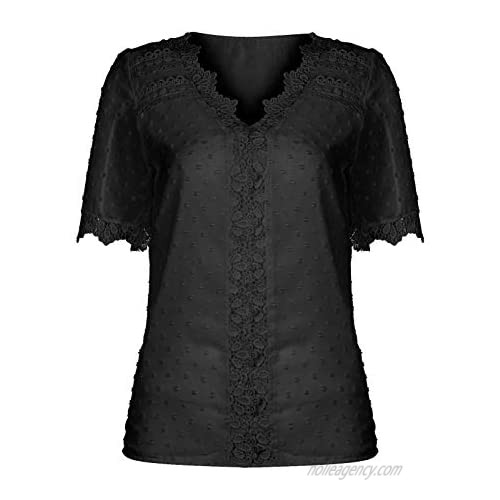 Wirziis Summer Women V Neck T-Shirts Fashion Casual Lace Tops Sexy Flared Sleeve Loose Fit Tunic Comfy Soft Blouse