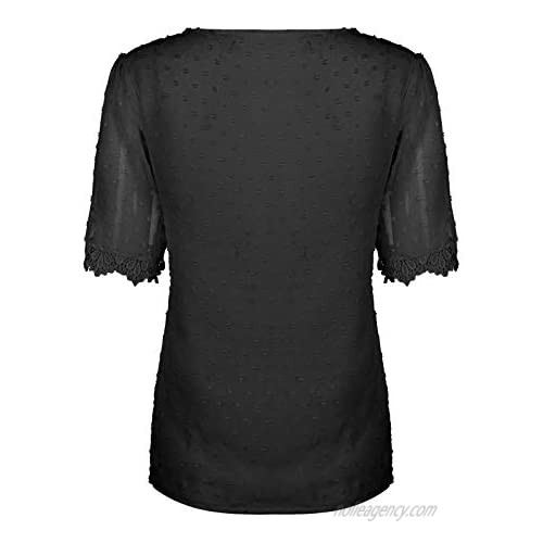 Wirziis Summer Women V Neck T-Shirts Fashion Casual Lace Tops Sexy Flared Sleeve Loose Fit Tunic Comfy Soft Blouse