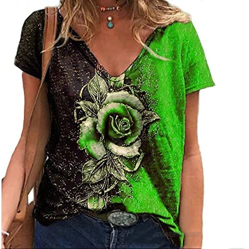 Women Short Sleeve V Neck Floral Printing T Shirt Casual Blouse Loose Tunic Tops