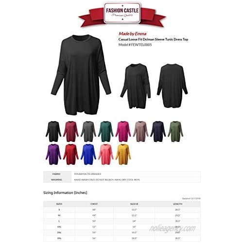 Women's Casual Stylish Solid Loose Fit Dolman Long 3/4 Sleeve Tunic Dress Top