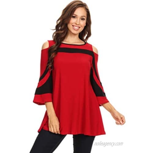 Womens Color Blocking 3/4 Sleeve Long Body top Relaxed Fit Tunic Fashion Top