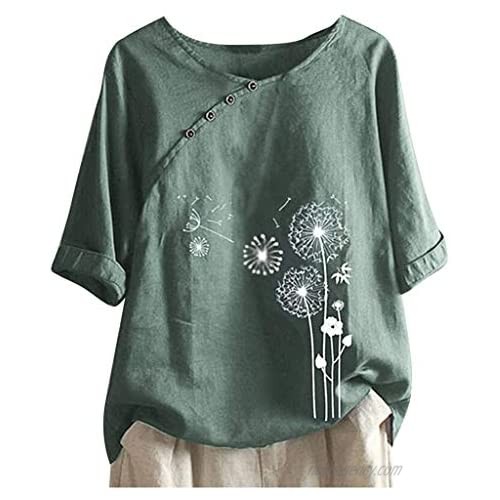 Women's Plus Size 3/4 Sleeve Tees Cotton Linen Tops Loose Fit Floral Casual Shirt Boatneck Comfortable Tunic Blouses