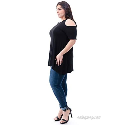 Women's Plus Size Cold Shoulder Tunic Top [Made in USA] Short Sleeve Stylish Off The Shoulder Blouse T-Shirt Made in USA