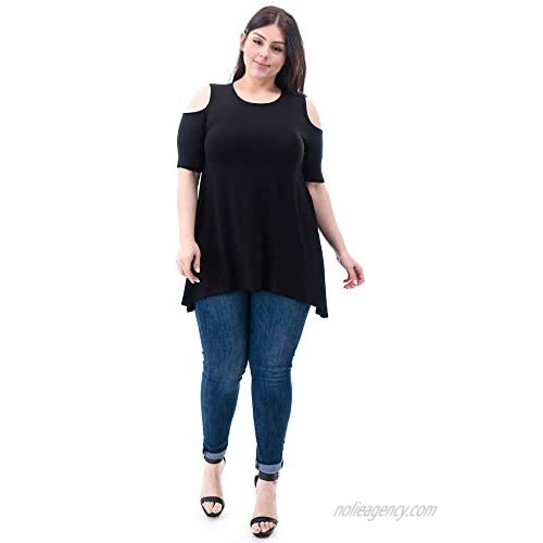Women's Plus Size Cold Shoulder Tunic Top [Made in USA] Short Sleeve  Stylish Off The Shoulder Blouse T-Shirt  Made in USA
