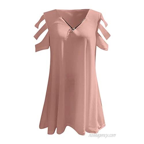 Womens Summer Tops Casual Short Sleeve Cute Zipper Sexy V-Neck T-Shirts Loose Daily Fit Tunic Blouses Tees