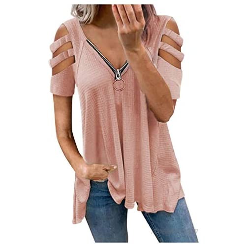 Womens Summer Tops Casual Short Sleeve Cute Zipper Sexy V-Neck T-Shirts Loose Daily Fit Tunic Blouses Tees