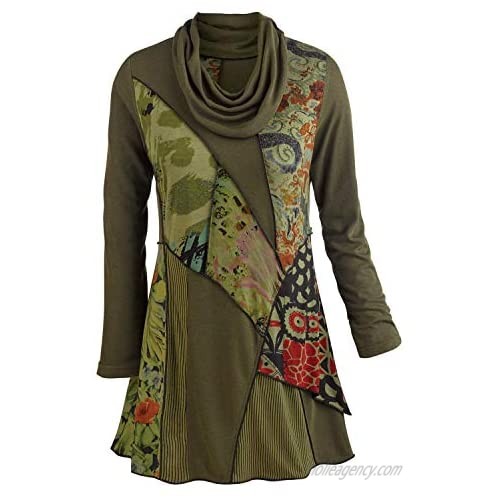 Women's Tunic Top - We Love Olive Patchwork Printed Cowl Neck Blouse
