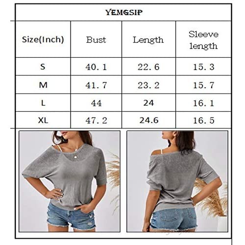 YeMgSiP Womens Off Shoulder Casual Tops Solid Blouses Shirts 3/4 Sleeve Crewneck Batwing Lightweight Sheer Summer Top
