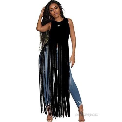 Andongnywell Women's Vest Tops Sleeveless Tassels Solid Color Waistcoat Top Fringed Blouse Shirts Tunics