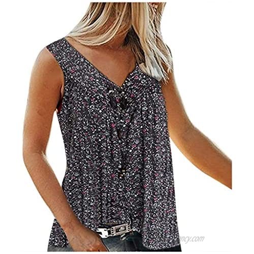 FarJing Women Sleeveless Tank Tops V Neck Printed Broken Flowers Loose Casual Shirts Blouses Plus Size