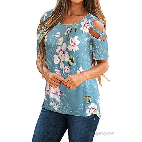 FarJing Women's Casual Tunic Top Criss Cross Cold Shoulder Short/Long Sleeve Loose Strappy Basic T-Shirt Tops
