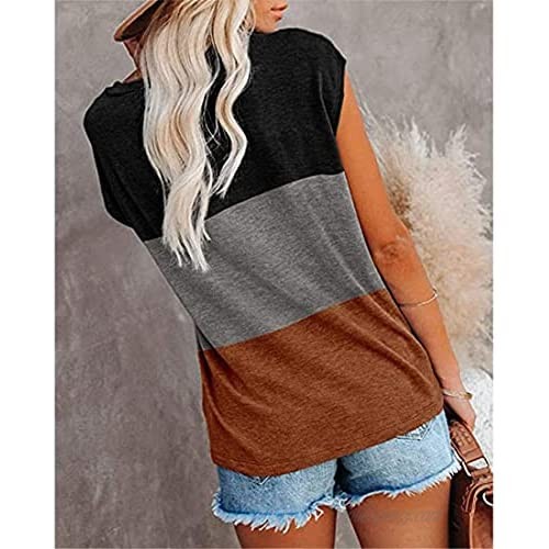 FRMUIC Women's Multicolor Stitching Short Sleeve T Shirt Contrasting Color Pocket Round Neck Top Loose Casual Shirt