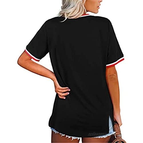 FRMUIC Women's V Neck Stripe Printing Stitching Color Short Sleeved T Shirt Casual Fashion Women's Shirt