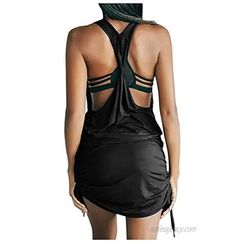 HIRIRI Women's Open Back Solid Color Sleeveless Cocktail Skirt Casual Holiday Summer Beach Mini Tank Dress