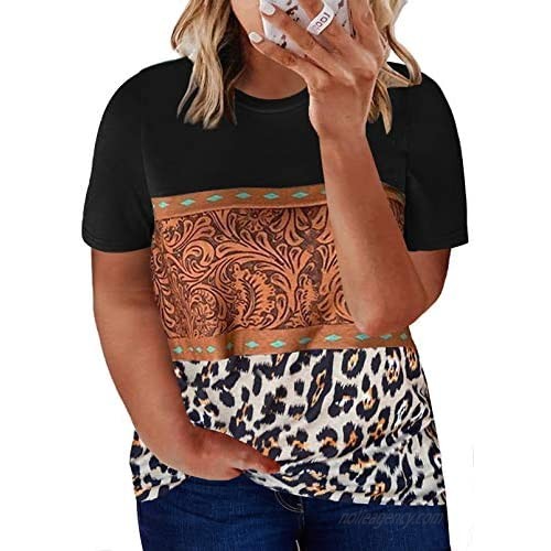 HOTAPEI Women’s Plus Size Round Neck Short Sleeve T-Shirt Triple Color Block Leopard Print Blouse Top Casual Loose Fit Tee