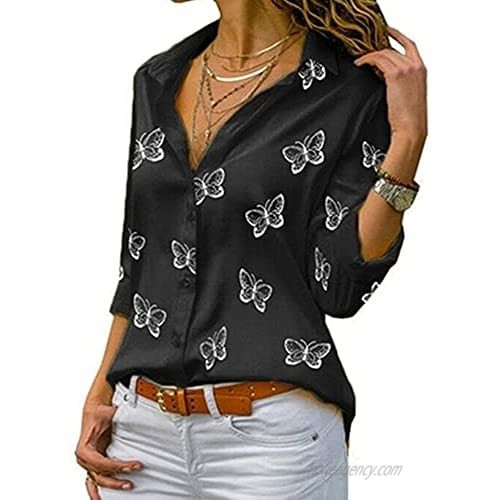 HUPAI Women's Long Sleeve Shirts Butterfly Printed Lapel Blouses Casual Tunic Plus Size Loose Tops