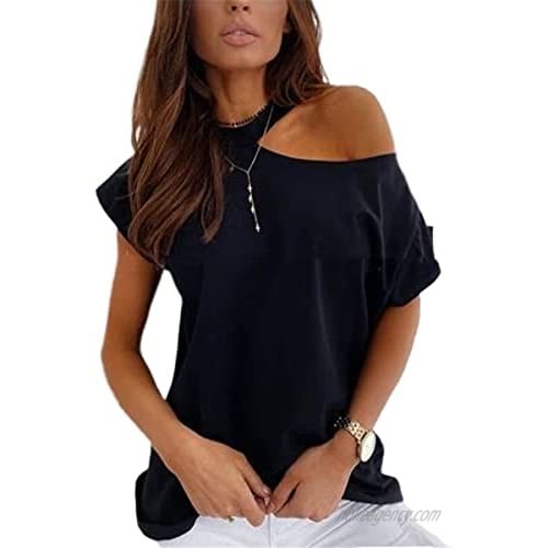 Lether Women's Solid Colored One Shoulder Round Neck Short Sleeve T Shirt Basic Tops Loose Casual Blouse