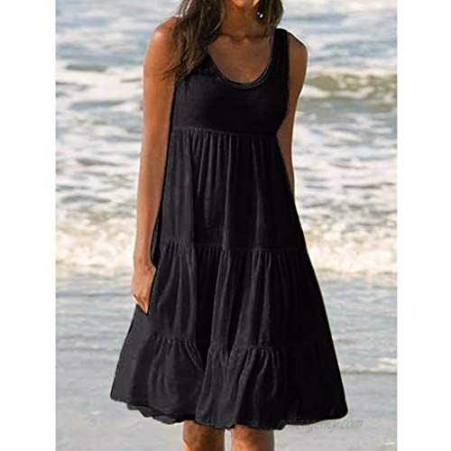 LINKIOM Skirts for Women Knee Length Womens Loose Dress Holiday Summer Solid Sleeveless O Neck Party Beach Skirt