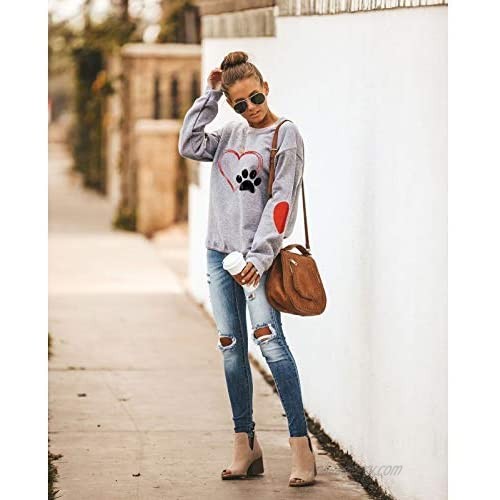 Love Heart Dog Paw Print Sweatshirts Women Long Sleeve Pullover Tops Casual Blouse