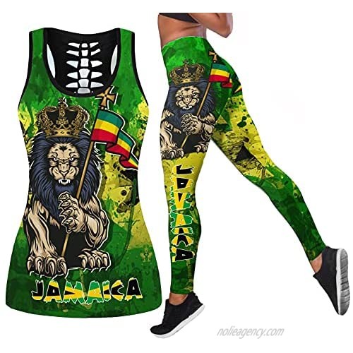 Native Indian Wolf Animal Two Piece Yoga Set Women 3D Print Vest Hollow Out Tank Top High Waist Legging Combo