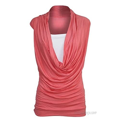 Oops Outlet Women's Ruched Cowl Neck Vest 2 in 1 Sleeveless Jersey Tank Top