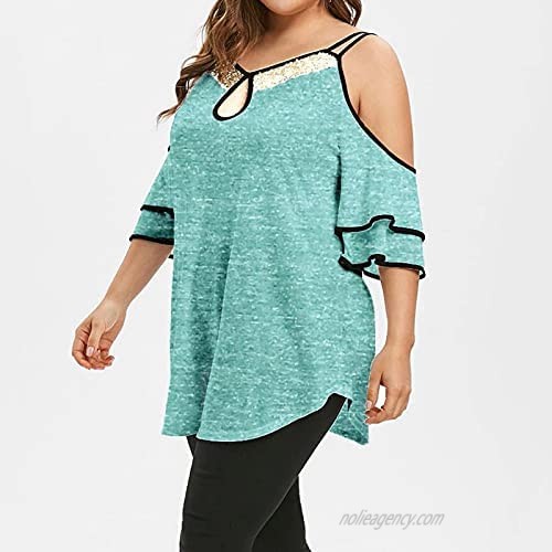 Plus Size Blouses for Women Summer Casual Cold Shoulder Tops Strap Sequin Short Sleeve T-Shirt Blouse Tops