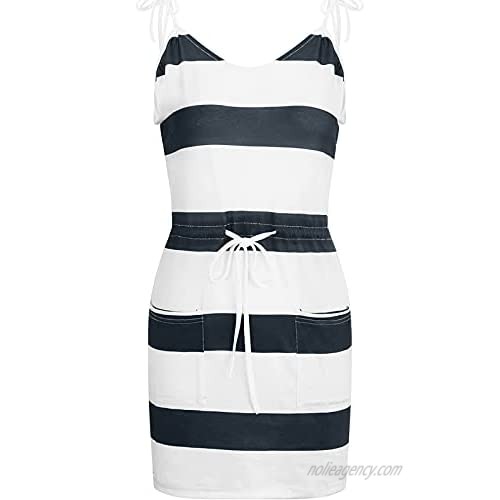 raillery Summer Dresses for Women V Neck Sleeveless Spaghetti Pockets Stripe Splicing Sling Strap Mini Dress with Belt