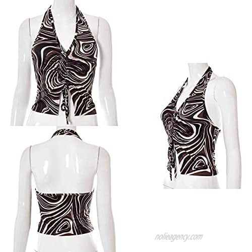 SAFRISIOR Women Y2K Paisley Tie Dye Print Crop Top Drawstring Ruched Crop Vest Lace Up Backless Crop Halter Top 90s E-Girl