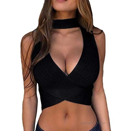 Sdencin Women Sexy Deep V Neck Knitted Ribbed Halter Backless Crop Tank Top Sleeveless Slim Cut Out Vest Crop Cami Top