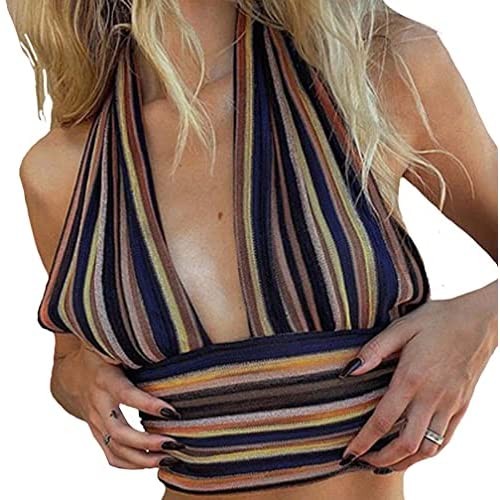 Sdencin Women Sexy Y2K V Neck Striped Halter Wrap Crop Top 90s Crisscross Hollow Out Backless Bandage Cami Top