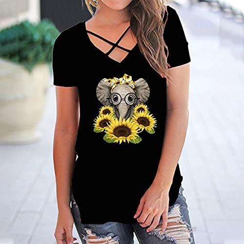 viwoMUMO Sunflower Elephant Lovely Print Short Sleeve T-Shirt V Neck Women's Vest Top Womens Dresses Summer