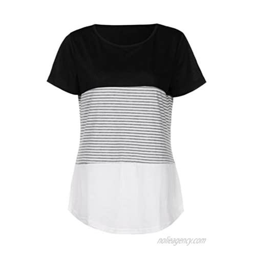 WOCACHI Tops for Womens Women Short Sleeve Fashion Tops Block Stripe T-Shirt Casual Blouse