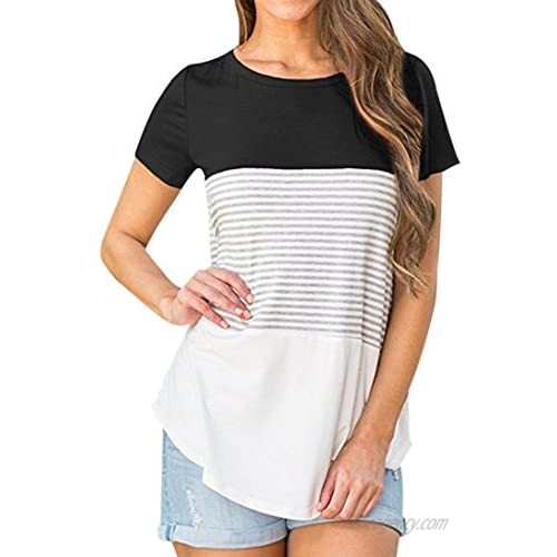 WOCACHI Tops for Womens  Women Short Sleeve Fashion Tops Block Stripe T-Shirt Casual Blouse