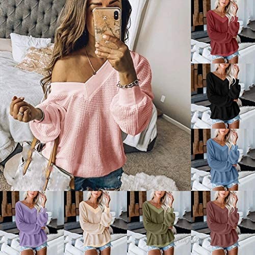 WOCACHI Womens Off Shoulder Sweater V Neck Pullover Sweaters Solid Color Waffle Knit Long Sleeve Loose Jumper Tops