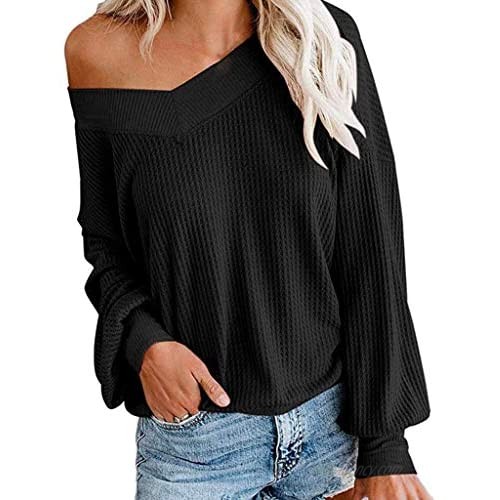 WOCACHI Womens Off Shoulder Sweater  V Neck Pullover Sweaters Solid Color Waffle Knit Long Sleeve Loose Jumper Tops