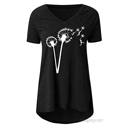 wodceeke Womens Tops Retro Sunflower Print T-Shirt Short-Sleeved V-Neck Summer Tee Casual Loose Top (Black L)