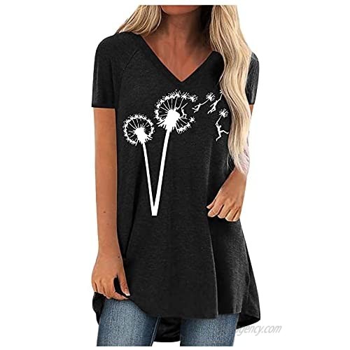 wodceeke Womens Tops Retro Sunflower Print T-Shirt Short-Sleeved V-Neck Summer Tee Casual Loose Top (Black  L)