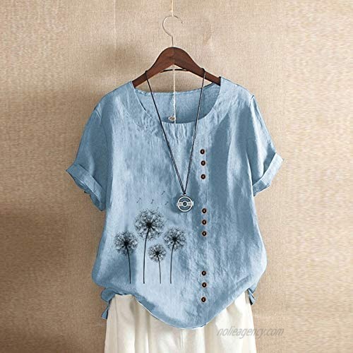 Women Cotton Linen Summer Tops Plus Size Short Sleeve Round Neck Fashion Printing Round Neck Blouse Casual Shirts