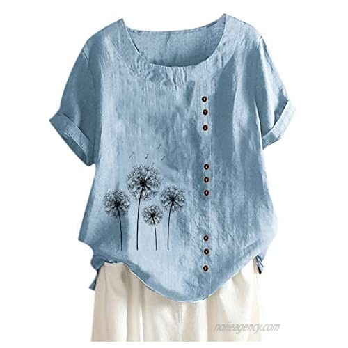 Women Cotton Linen Summer Tops  Plus Size Short Sleeve Round Neck Fashion Printing Round Neck Blouse Casual Shirts