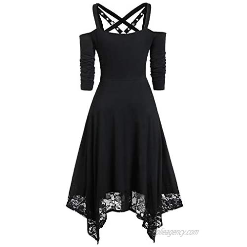 Women Halloween Dresses Cold Shoulder Half Sleeve V-Neck Sexy Gothic Lace Dress - Limsea