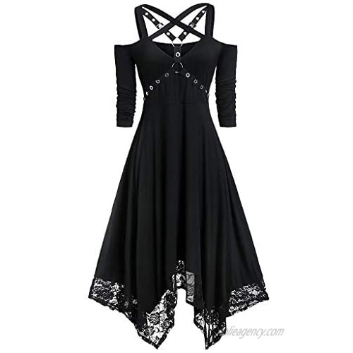 Women Halloween Dresses Cold Shoulder Half Sleeve V-Neck Sexy Gothic Lace Dress - Limsea