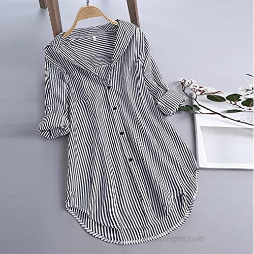 Women Stripe Long Sleeve Turn-Down Collar Button Loose Top Shirts Blouse Shirts for Women